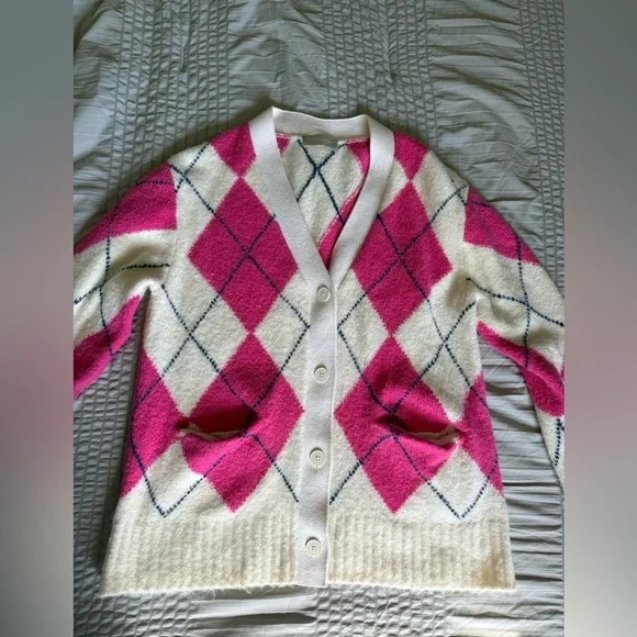 Everlane SuperFuzz Alpaca Cardigan Pink White Argyle Sweater Oversize Medium - Picture 8 of 8